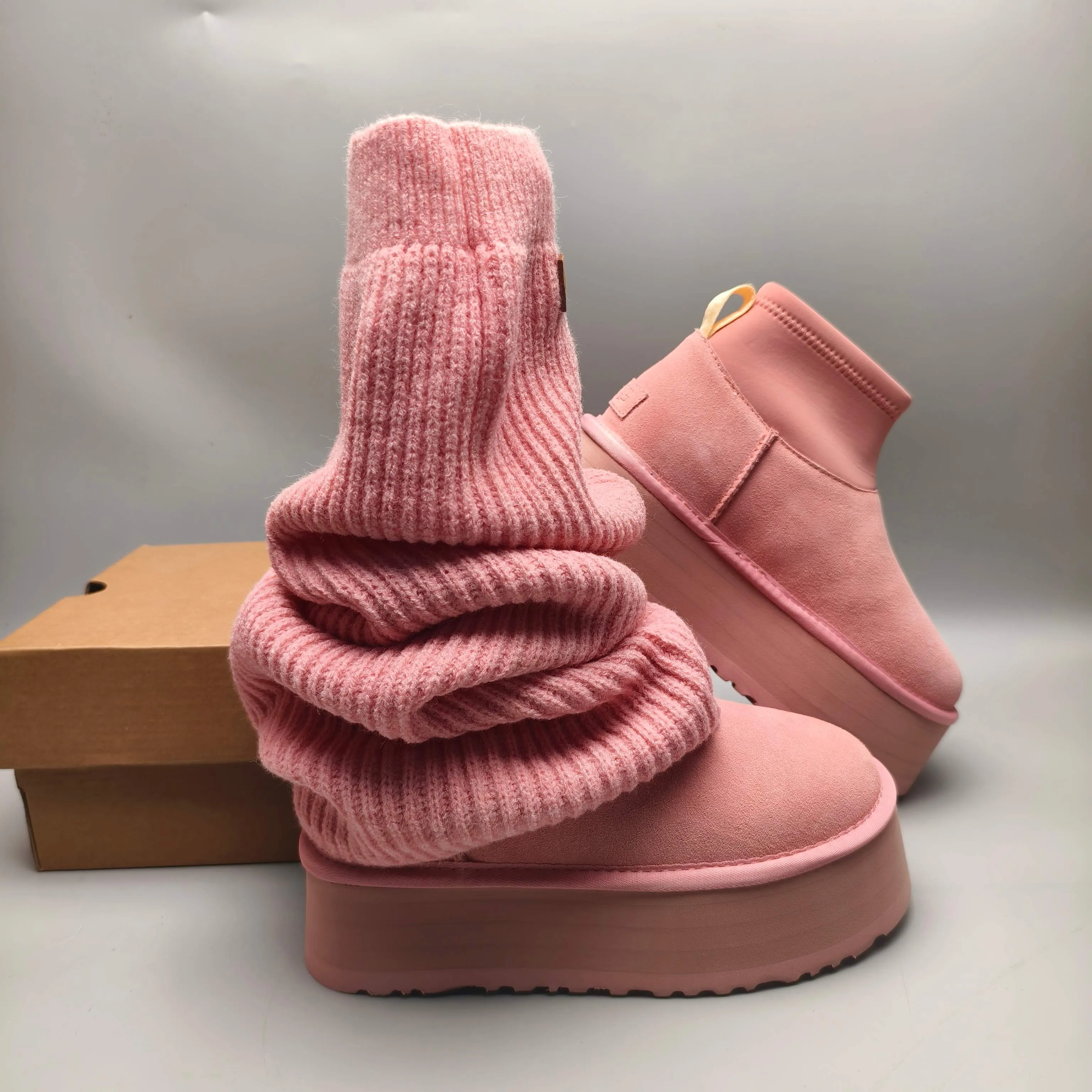 💰640 UGG sheepskin all-in-one snow boots 8990 thick-soled knitted wool socks, fashionable women's style, color: pink, matching size: 35-40